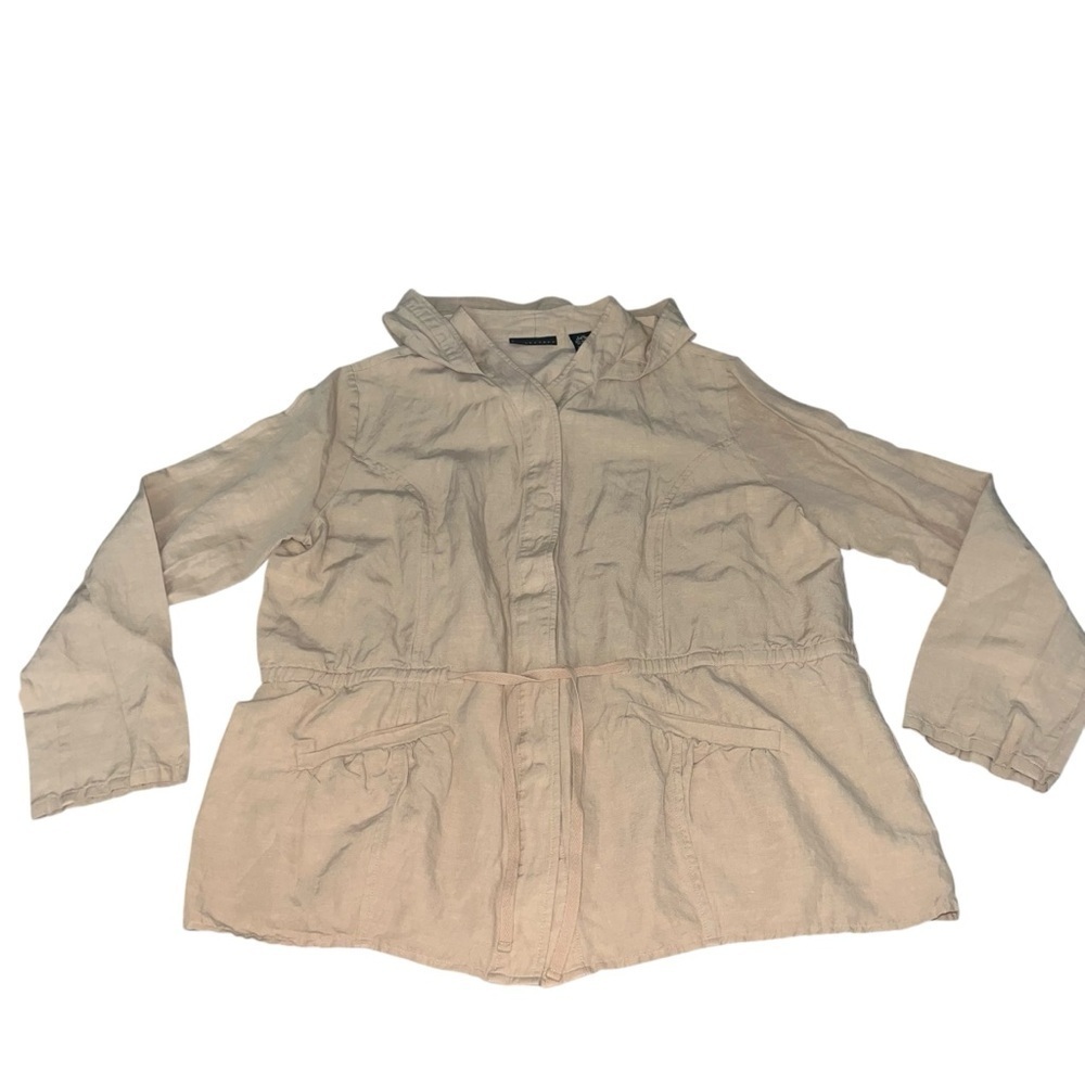 EUC Apostrophe Silk Linen Cotton Tan Hooded Utility Jacket Large Lightweight
